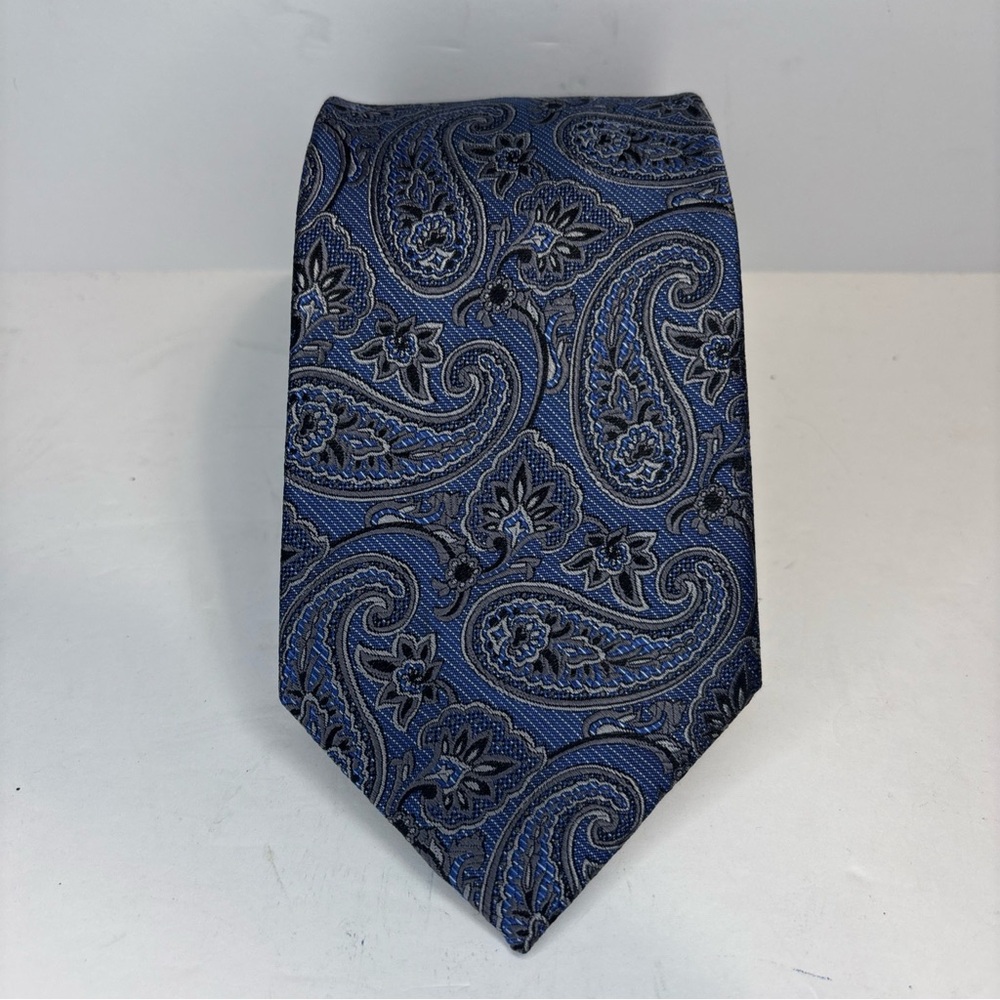 Pronto Uomo Men’s Tie 100% Silk Blue Gray Paisley Classic 62” Hand Made Necktie
